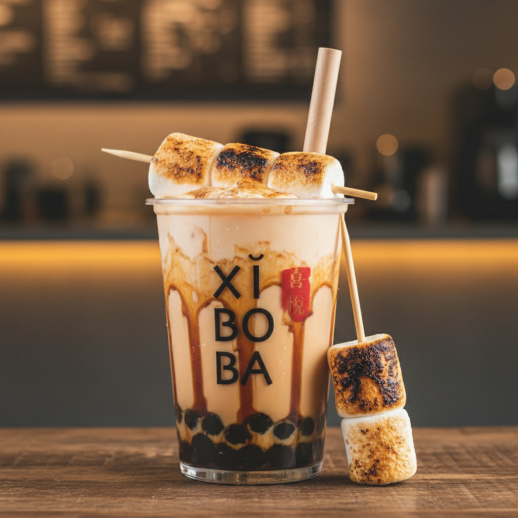 Brown Sugar Boba Milk Tea with Marshmallow Bakar